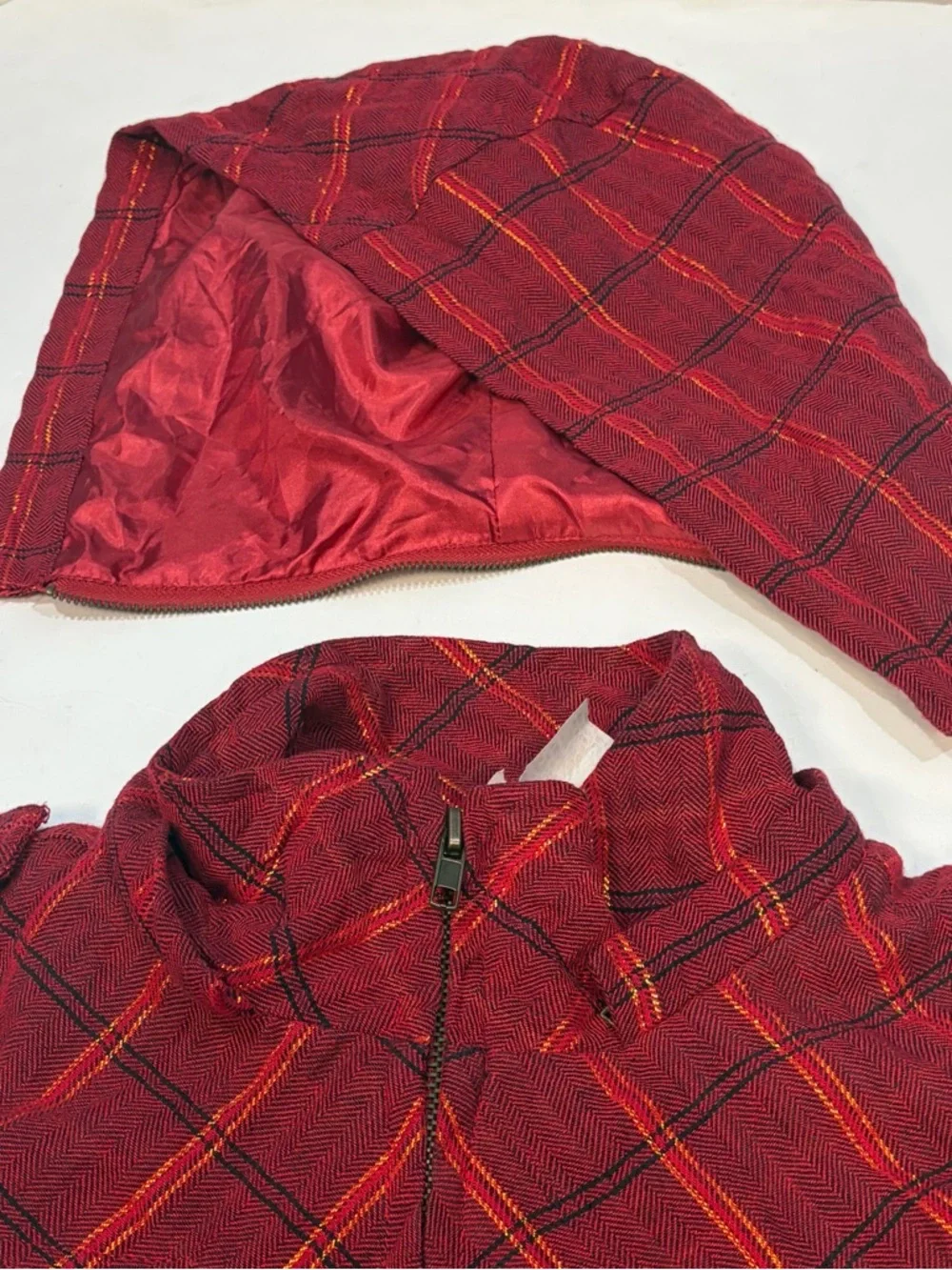 Feline Red Gold Plaid Cropped Full Zip Jacket Detachable Hood Junior Size Large - Picture 7 of 16